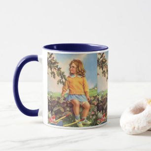 Mädchen im Frühling, das Vögel in einem Baum beoba Tasse