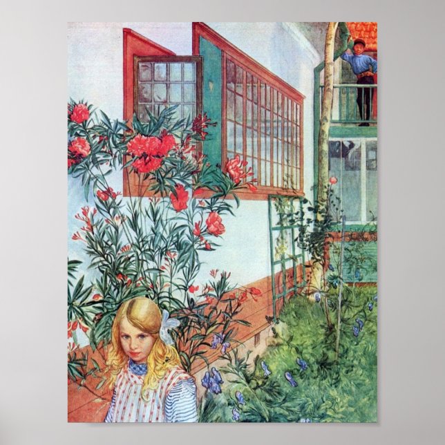 Mädchen im Garten mit roten Blume Poster (Vorne)