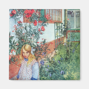 Mädchen im Garten mit roten Blumen Magnet