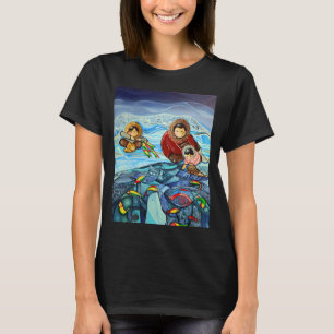 Mädchen im Neoprenanzug. Angelndes Mädchen. Latino T-Shirt