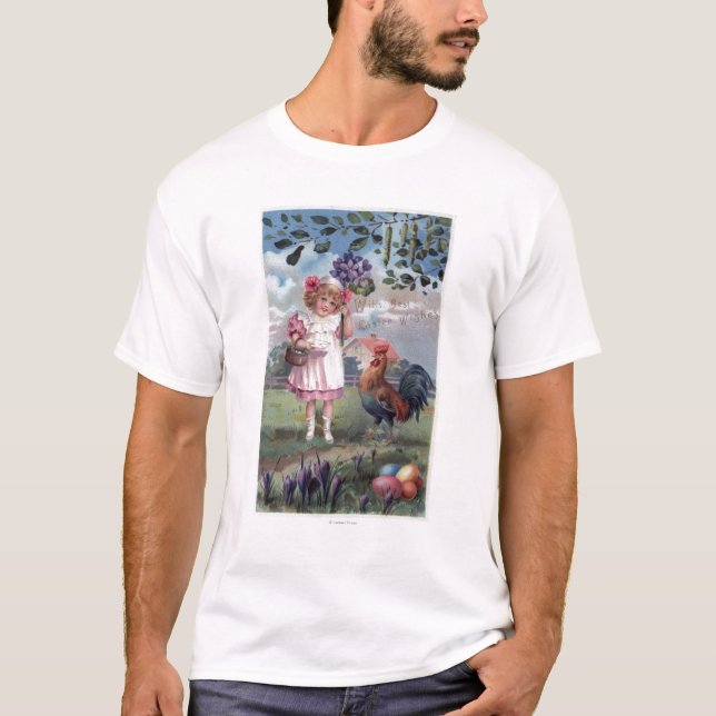 Mädchen im Rosa, das lila Blumen hält T-Shirt (Vorderseite)