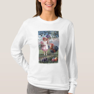 Mädchen im Rosa, das lila Blumen hält T-Shirt