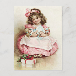 Mädchen im rosa Kleid mit Puppe im Vintage-Stil Postkarte