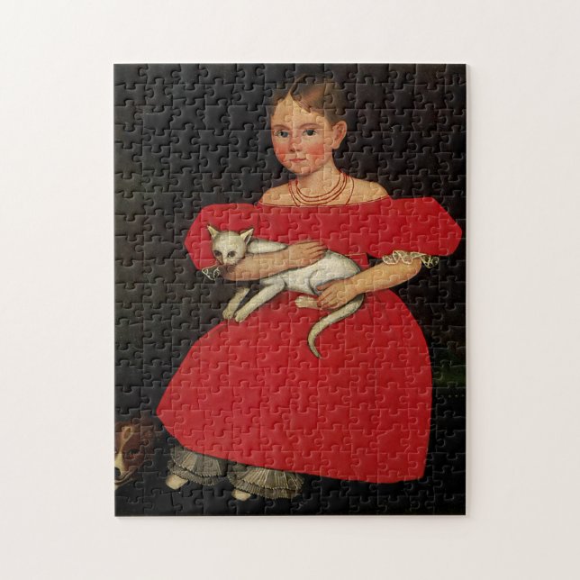 Mädchen im Rot mit ihrer Katze und Hund Puzzle (Vertikal)