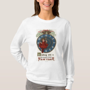 Mädchen im roten Sitzen auf Uhr T-Shirt