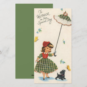 Mädchen im Vintage-Look führt Hund am Muttertag Feiertagskarte