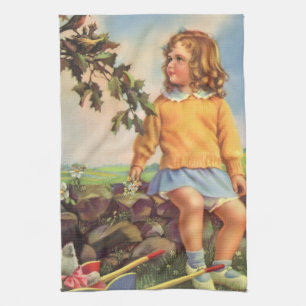 Mädchen im Vintage-Stil beobachtet Vögel in einem  Geschirrtuch