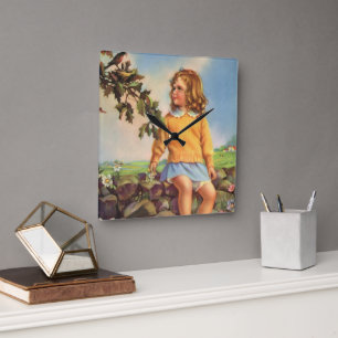 Mädchen im Vintage-Stil beobachtet Vögel in einem  Quadratische Wanduhr