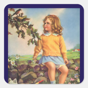 Mädchen im Vintage-Stil beobachtet Vögel in einem Quadratischer Aufkleber