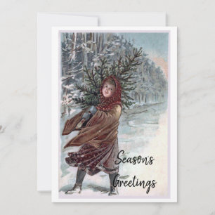 Mädchen im Vintage-Stil mit Weihnachtsbaum Feiertagskarte