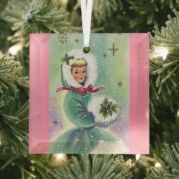 Mädchen im Wintermantel Retro Rosa und Blauer Orna Ornament Aus Glas