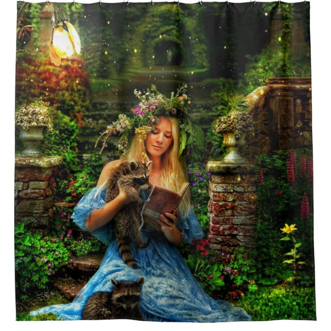 Mädchen in blauem Kleid und Racoons Duschvorhang (Vorderseite)