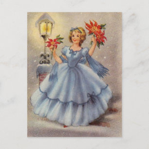 Mädchen in blauen Kleid im Vintage-Weihnachtsstil Feiertagspostkarte