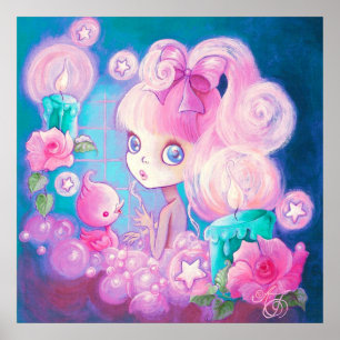 Mädchen in Bubblebath mit Kerzen und Rose Poster
