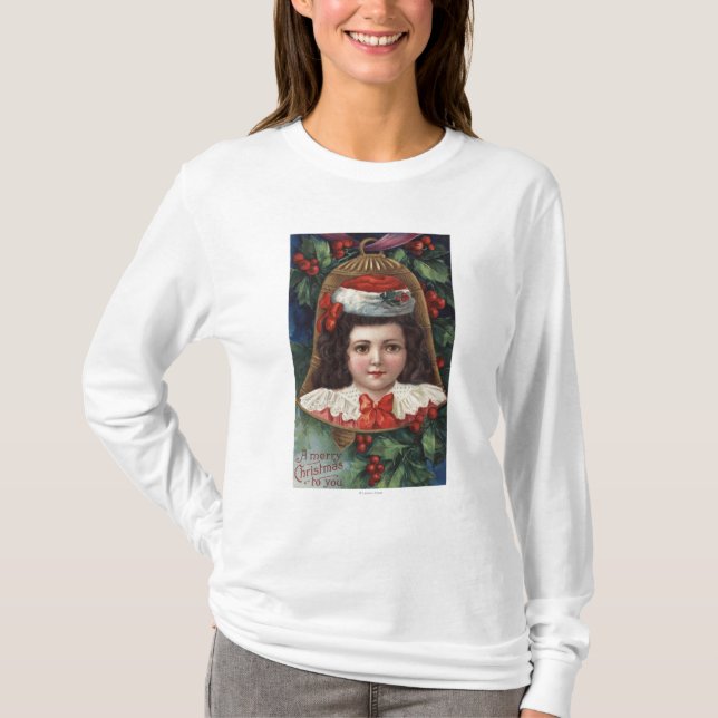Mädchen in der Weihnachtsmannmütze in Bell T-Shirt (Vorderseite)