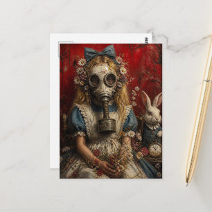 Mädchen in einer Gasmaske mit weißem Kaninchen Postkarte