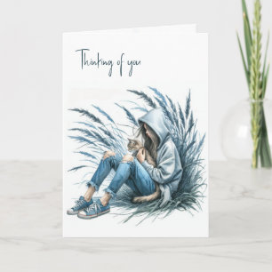 Mädchen in einer Hoodie mit einer Katze für Hausti Karte