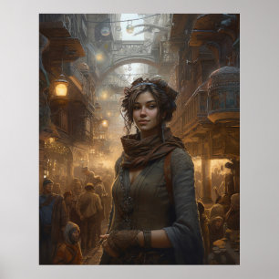 Mädchen in einer Steampunkstraße Poster