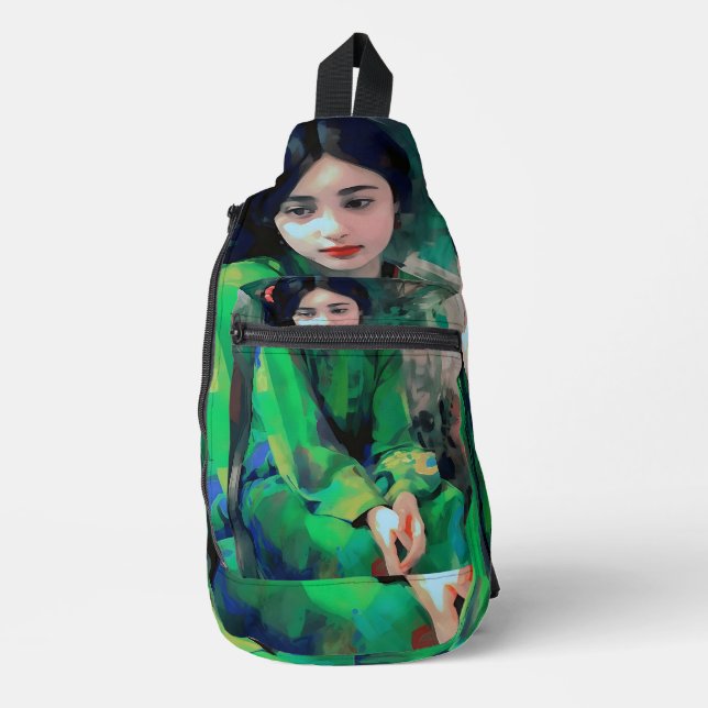 Mädchen in grünem Kleid Crossbody Bag (Vorderseite)