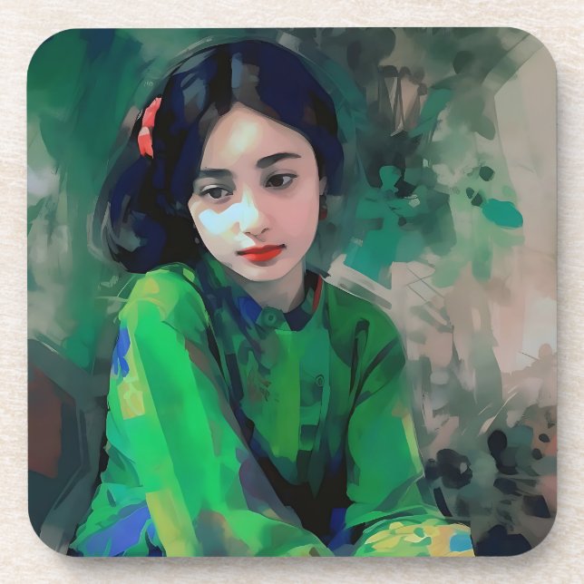 Mädchen in grünem Kleid Getränkeuntersetzer (Vorderseite)