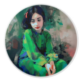 Mädchen in grünem Kleid Keramikknauf