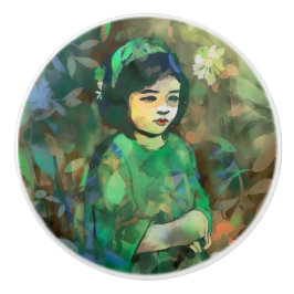 Mädchen in grünem Kleid Keramikknauf