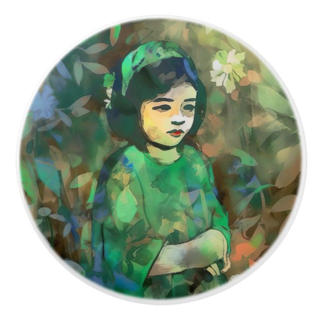 Mädchen in grünem Kleid Keramikknauf (Vorderseite)