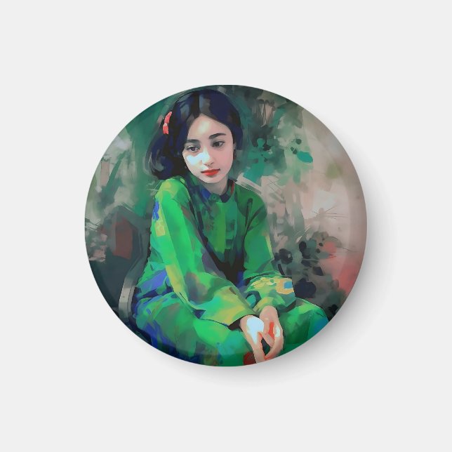 Mädchen in grünem Kleid Magnet (Vorne)