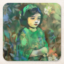 Mädchen in grünem Kleid Rechteckiger Pappuntersetzer