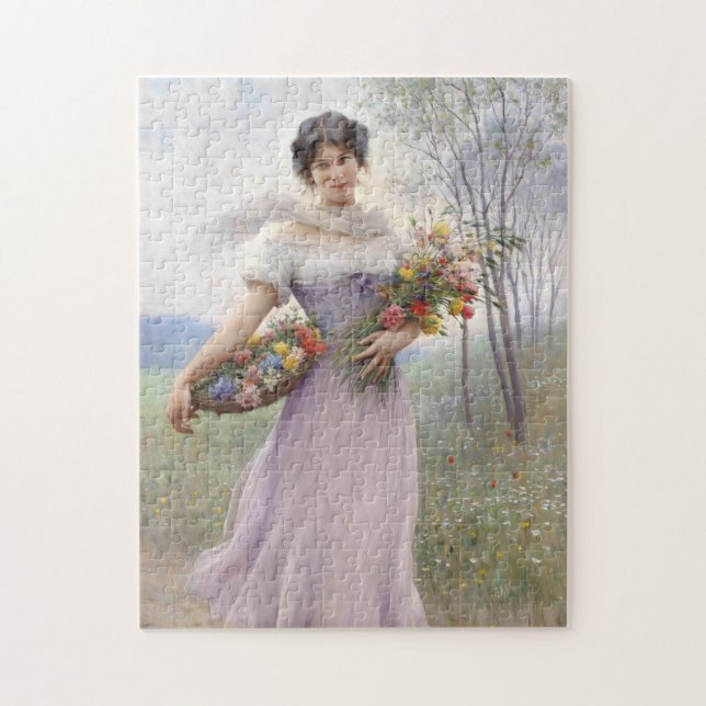 Mädchen in Lilac farbiges Kleid mit Blume Bouquet Puzzle (Vertikal)