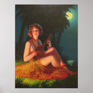 Mädchen in Mondlicht mit Banjo Ukelele Poster