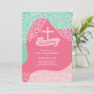 Mädchen in Pink und Sea Green mit Cross Christenin Einladung