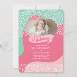 Mädchen in Pink und Sea Green mit Foto Christening Einladung