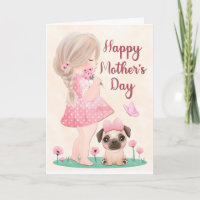 Mädchen in rosa Kleid und Mops Welpe für Muttertag