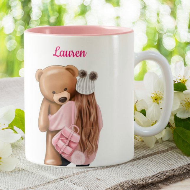 Mädchen in Rosa mit Bärenkaffee Personalisiert Zweifarbige Tasse (Von Creator hochgeladen)