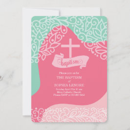 Mädchen in Rosa und Sea Green mit Kreuztaufen Einladung