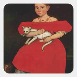 Mädchen in Rot mit ihrer Katze und ihrem Hund Quadratischer Aufkleber