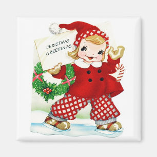 Mädchen in Rot Schlittschuh laufend Vintage Magnet