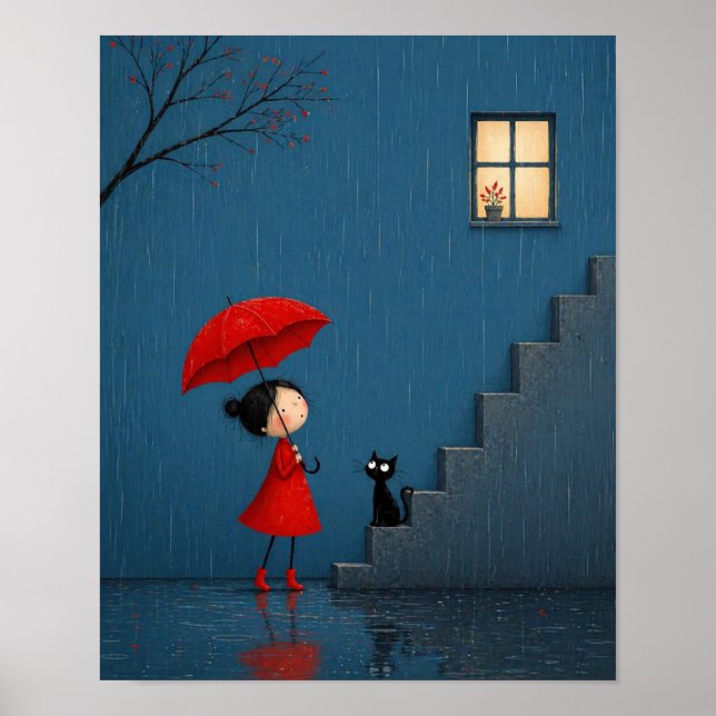 Mädchen in Rot Wartend an der regnerischen Treppe Poster (Vorne)