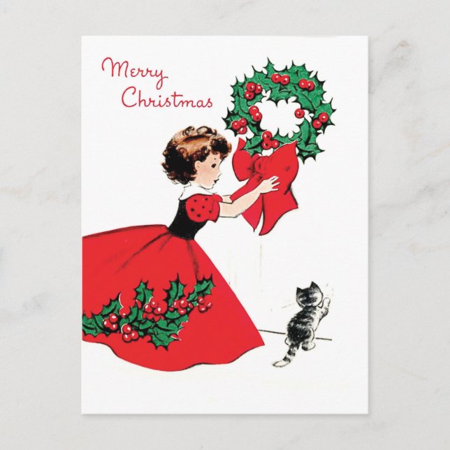 Mädchen in rotem Kleid mit Weihnachtskranz und Kat Postkarte (Vorderseite)