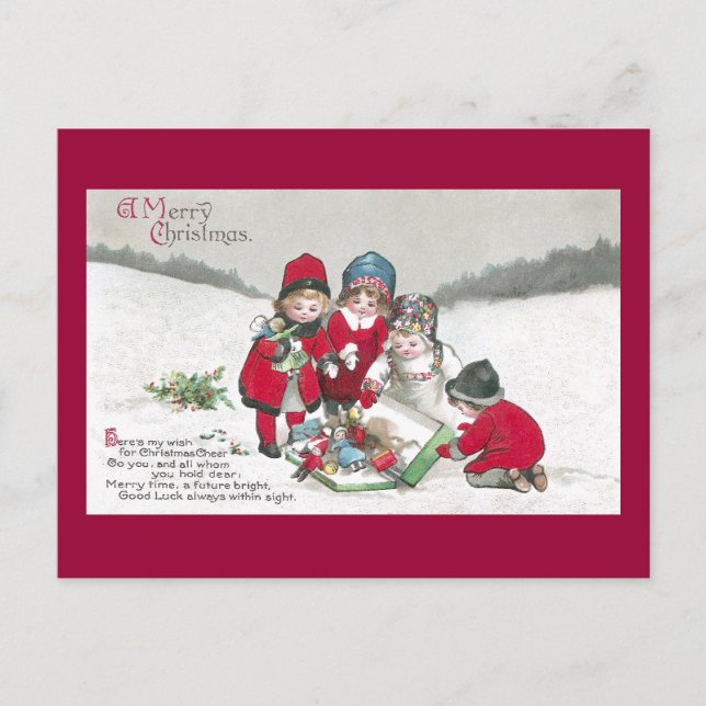 Mädchen in roten Mänteln mit Puppen Postkarte (Vorderseite)