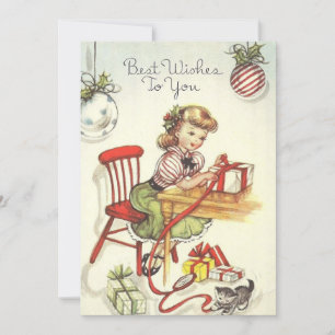 Mädchen in Weihnachtskleidung beim Einpacken von G Feiertagskarte