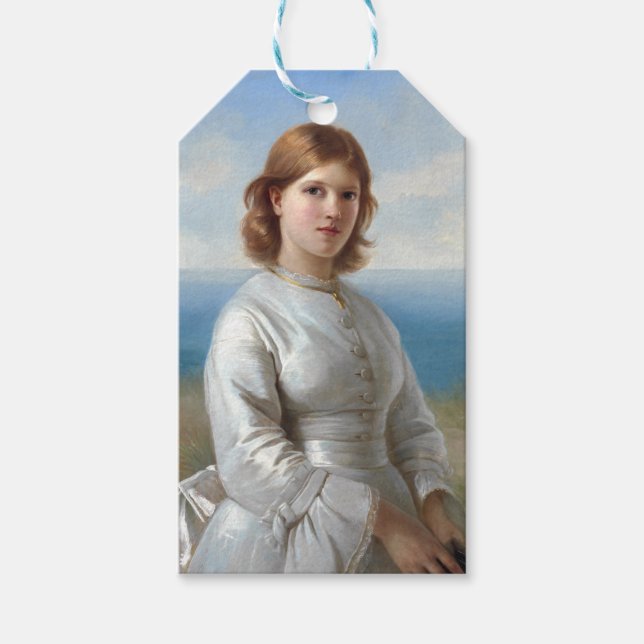 Mädchen in weißem Seidenkleid für heilige Kommune Geschenkanhänger (Vorderseite)