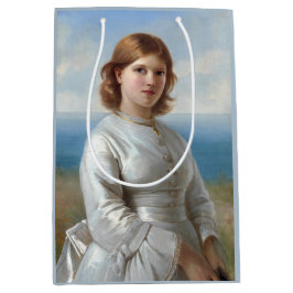 Mädchen in weißem Seidenkleid für heilige Kommune Mittlere Geschenktüte