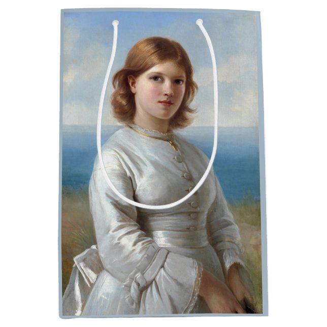 Mädchen in weißem Seidenkleid für heilige Kommune Mittlere Geschenktüte (Vorderseite)