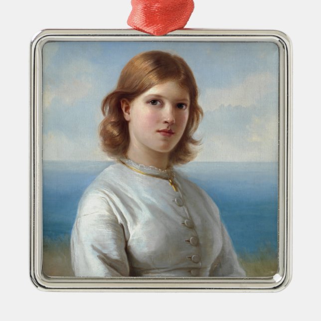 Mädchen in weißem Seidenkleid für heilige Kommune Ornament Aus Metall (Vorne)