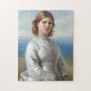 Mädchen in weißem Seidenkleid für heilige Kommune Puzzle