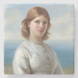 Mädchen in weißem Seidenkleid für heilige Kommune Steinuntersetzer