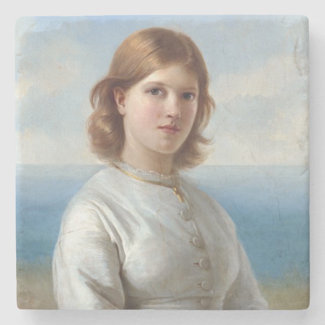 Mädchen in weißem Seidenkleid für heilige Kommune Steinuntersetzer (Vorderseite)