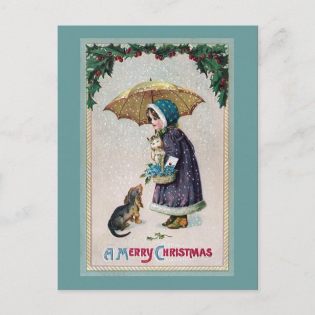 Mädchen, Katze & Hund unter Schnee Vintag Postkarte (Vorderseite)